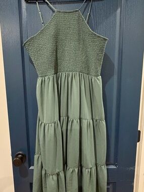 ARULA Sage Green Smocked Halter Tiered Midi Dress